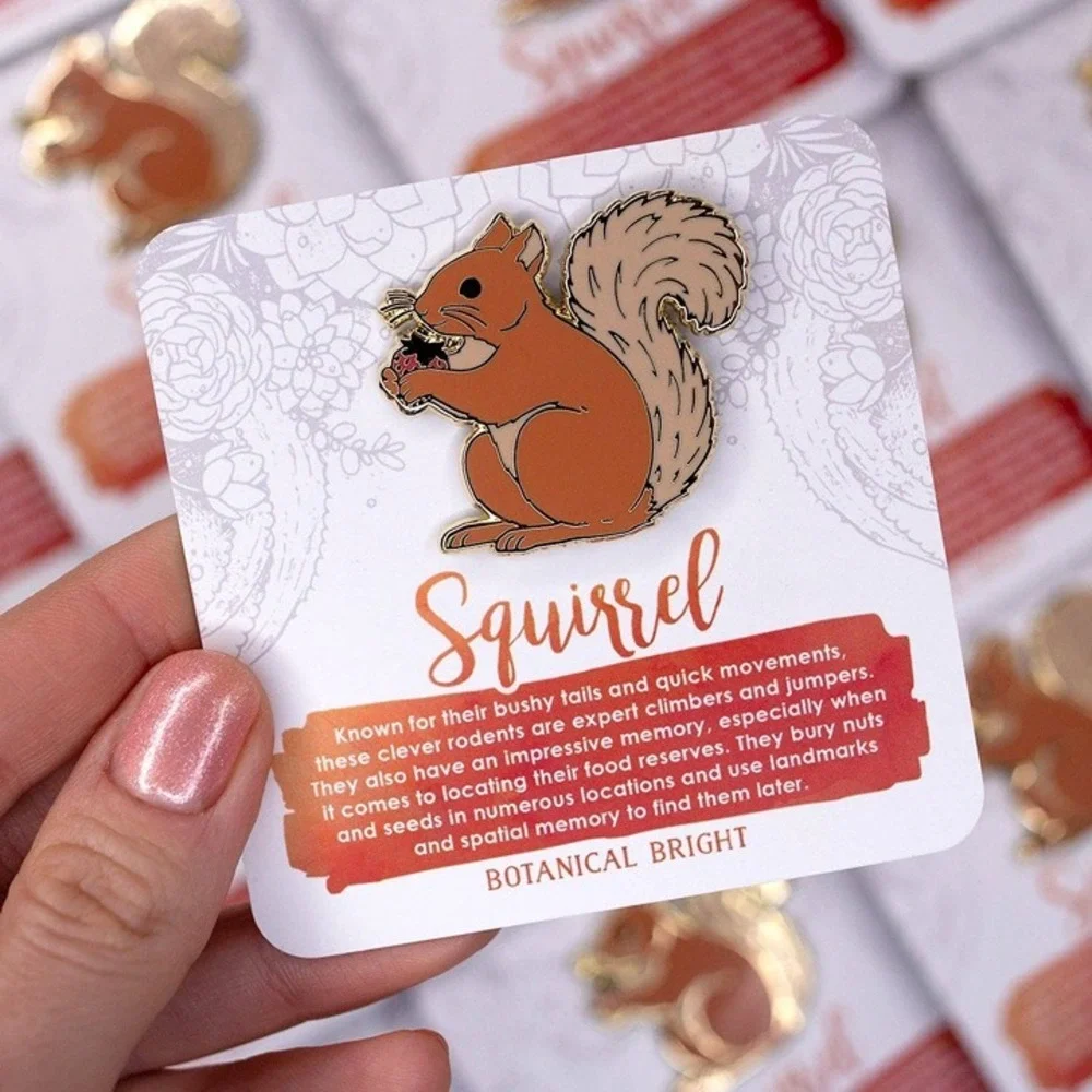Squirrel Animal with Strawberry Enamel Pin - Gold Plated Jewelry - Nature Brooch